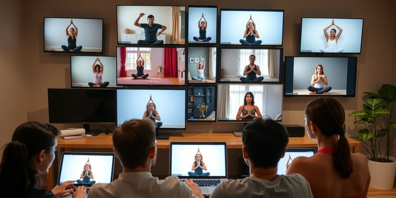 Diverse group of people of varying ages and body types practicing yoga together online on different devices, showing inclusivity.