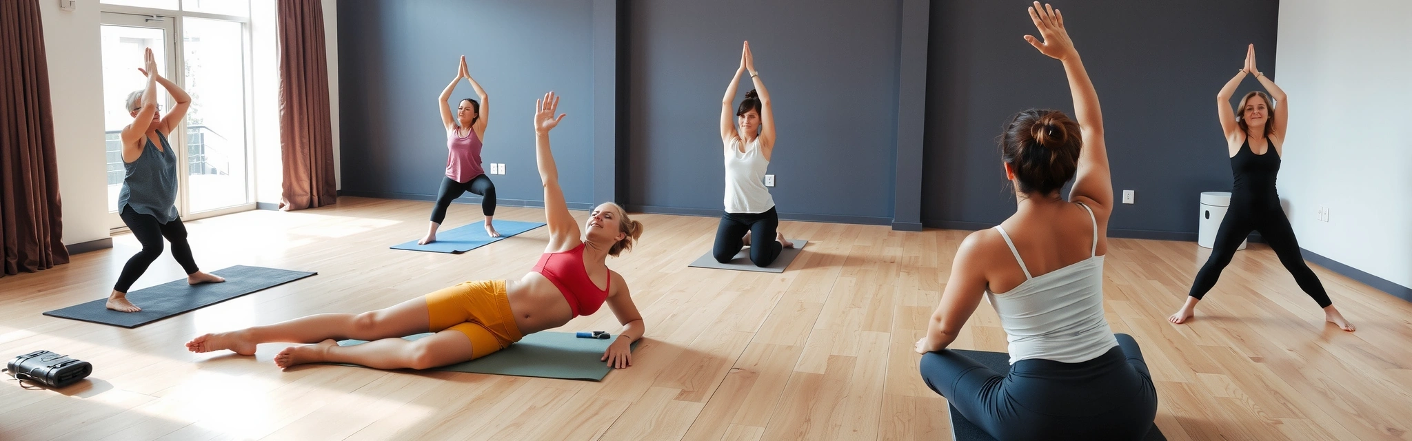 Diverse group of people practicing various yoga poses in a serene studio