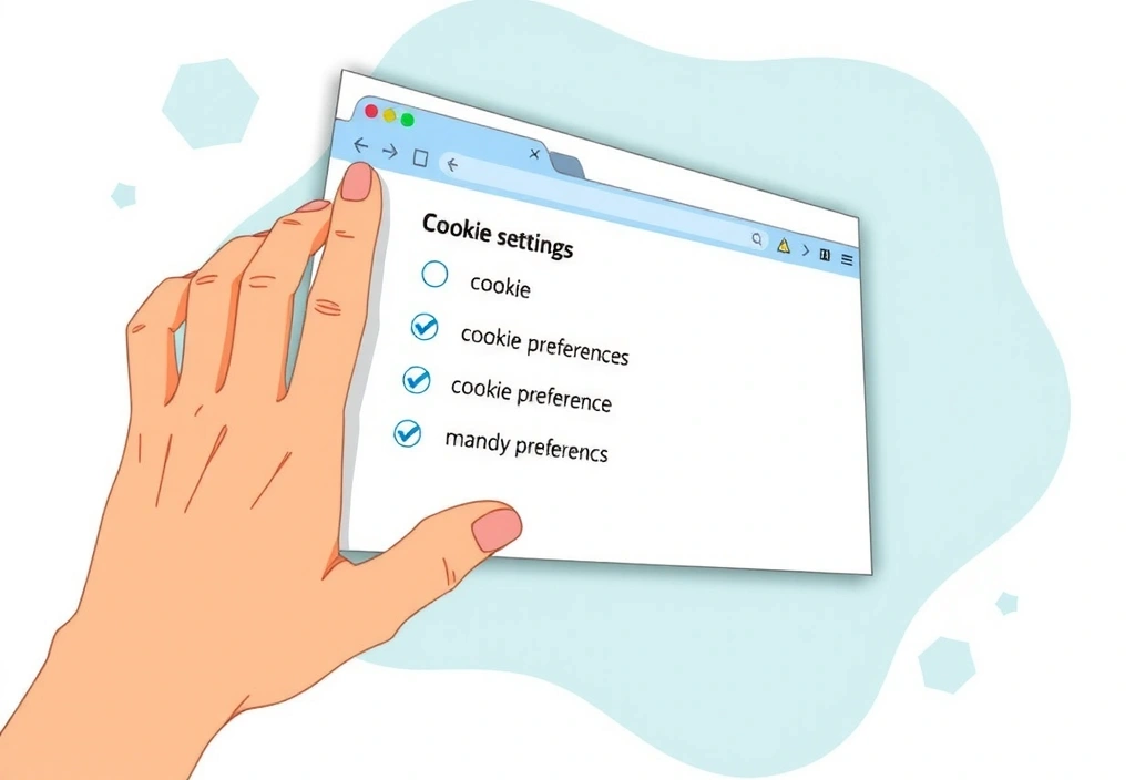 Illustration of a hand clicking on a cookie settings icon in a web browser