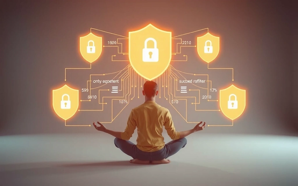 A person meditating peacefully with digital data streams flowing around them, symbolizing data protection.